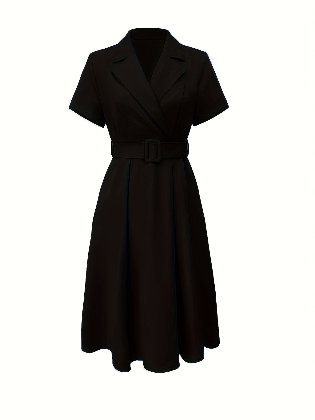 1pc Solid Color Flared Design Fashion Waist-Cinching Elegant Dress with Belt for Daily Wear and Parties NS702 - Black