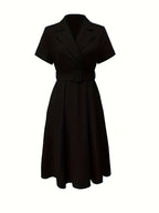 1pc Solid Color Flared Design Fashion Waist-Cinching Elegant Dress with Belt for Daily Wear and Parties NS702 - Black