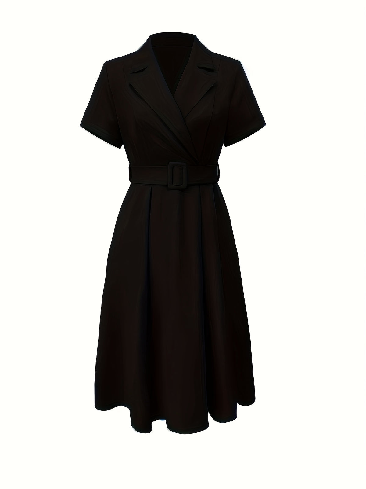 1pc Solid Color Flared Design Fashion Waist-Cinching Elegant Dress with Belt for Daily Wear and Parties NS702 - Black