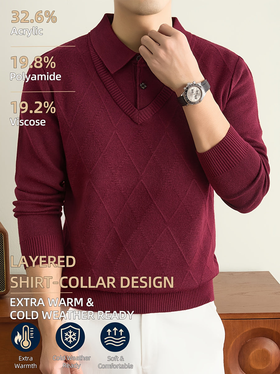 Men's Grey Polo Sweater, Faux 2pcs Shirt-Collar Design, V-Neck & Subtle Diamond Knit Pattern, Classic Refined Style, Warm Autumn Winter Pullover for Casual Wear, Golf & Outdoor Activities - Burgundy