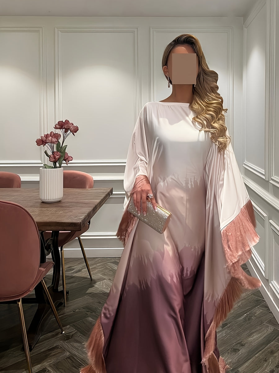 Fashionable And Elegant Tie-Dye Tassel Abaya Robe, with Tassel Details, Long Sleeve, Premium Temperament All-Season Wear, Casual Style, Women'S Abaya - Pale Pinkish Gray