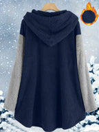 Fashion Women's Casual Autumn/Winter Hooded Long Sleeve Front Print Button Pants Set - Navy Color