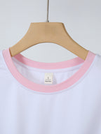 Women'S Round Neck Short-Sleeved T-Shirt Casual Women'S Clothing, Contrasting Color Striped Sleeve Design, "Harry Potter" Cartoon Sticker Style Pattern Print, Short-Sleeved Women'S Top Summer, Soft And Comfortable Short-Sleeved - pink color
