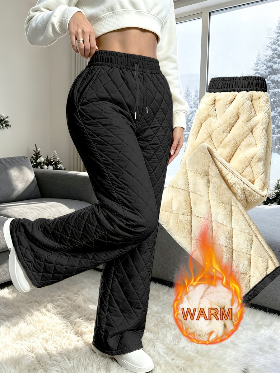 Women's Winter Trendy Fashion Quilted Rhombus Plush-Lined Thickened Pants, -Lined Interior, Windproof Winter Pants, Draping Outer Wear Cold-Proof Casual Long Pants, Suitable for Winter Outings, Shopping, and Work - Black