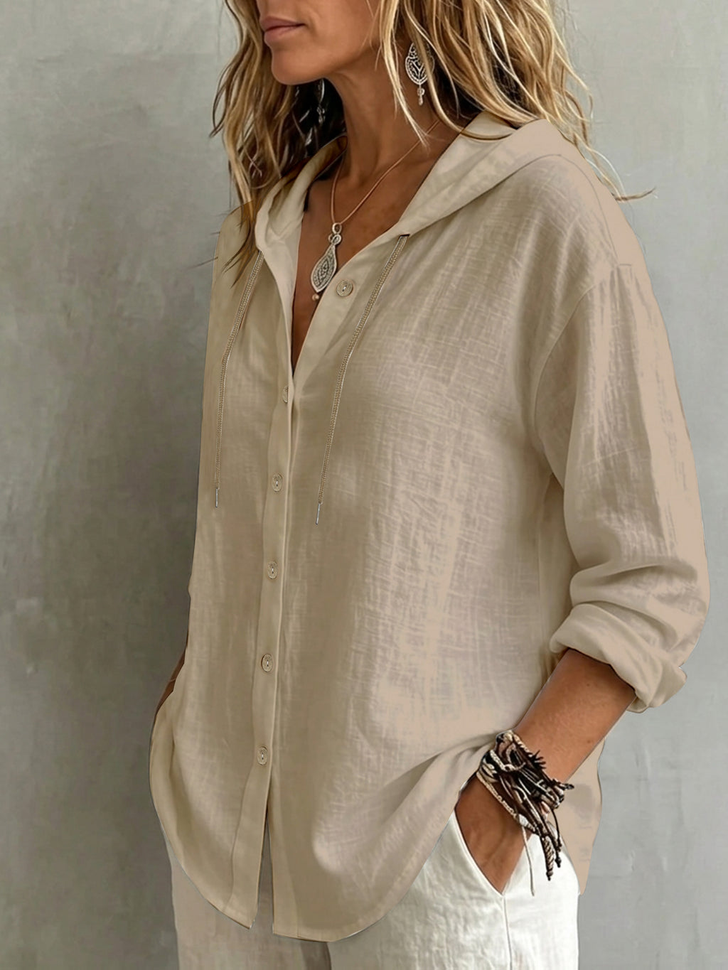 Women's Casual Solid Color Pure Single-Breasted Drawstring Hooded Long-Sleeve Shirt, Loose and Comfortable for Daily Wear, Gatherings, and Office - Khaki