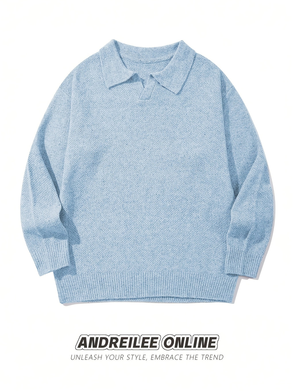Men'S Casual Loose Fit Long Sleeve Pullover | Solid Color, V-Neck Polo Collar, Rib-Knit Detail, Perfect for Fall/Winter - Light Blue