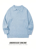 Men'S Casual Loose Fit Long Sleeve Pullover | Solid Color, V-Neck Polo Collar, Rib-Knit Detail, Perfect for Fall/Winter - Light Blue