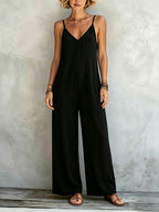Boho Solid Color Bohemian Style Spaghetti Strap Jumpsuit 2026 Spring Romantic Black V-Neck Loose Wide-Leg Jumpsuit, Daily Casual Vacation Style, Flattering and Versatile Pantsuit, Multiple Sizes Available - Black