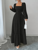 New Spring/autumn Cream Yellow French Ruffle Square Neckline Elegant Slim-fit Long-sleeved Dress, Women's Autumn - Black