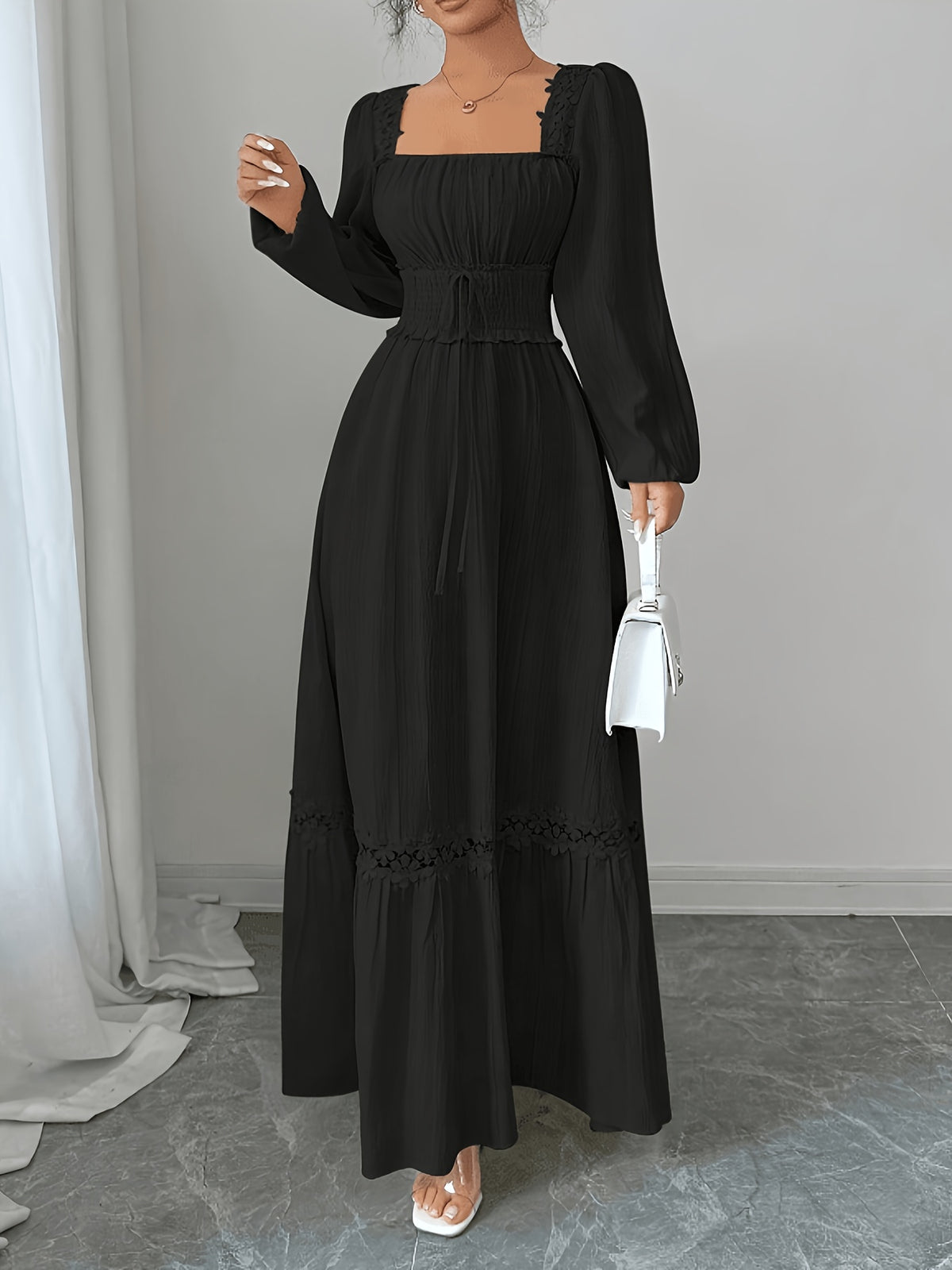 New Spring/autumn Cream Yellow French Ruffle Square Neckline Elegant Slim-fit Long-sleeved Dress, Women's Autumn - Black