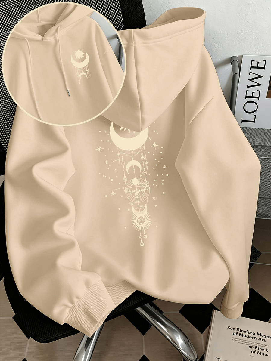 Women'S Fashion Starry Moon Print Casual Hooded Sweatshirt - Khaki