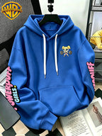 Warner Bros Official Dumbbell Bubble Cartoon Print Hoodie - Men's Fashion Hoodie with Adjustable Drawstring, Loose and Comfortable Sweatshirt, Suitable for Daily and Outdoor Sports Wear, the Perfect Choice for Warmth in Autumn and Winter! Sizes - Blue