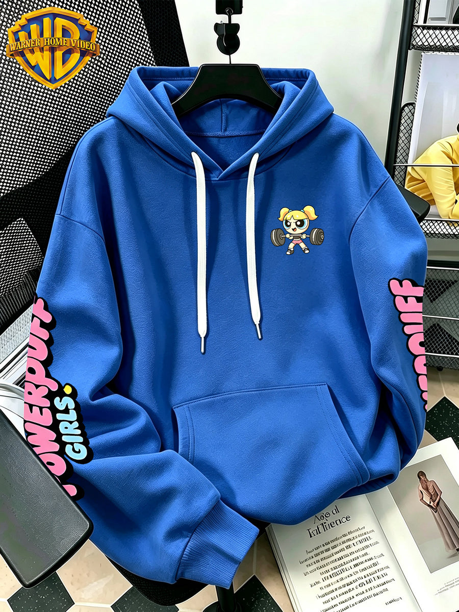 Warner Bros Official Dumbbell Bubble Cartoon Print Hoodie - Men's Fashion Hoodie with Adjustable Drawstring, Loose and Comfortable Sweatshirt, Suitable for Daily and Outdoor Sports Wear, the Perfect Choice for Warmth in Autumn and Winter! Sizes - Blue