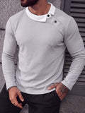 Men's Color-Block Diagonal Button Lapel Waffle Knit Long-Sleeve Polo Shirt, Spring/Autumn Waffle Knit Breathable Lightweight Business Casual Versatile Base Layer Top - Granny Gray