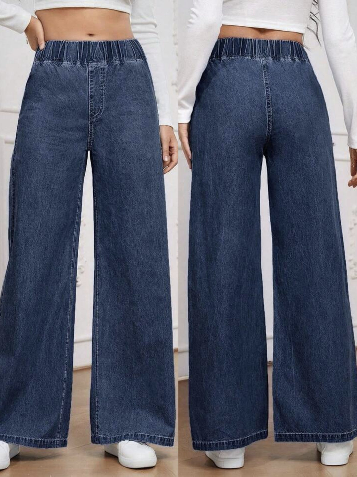 Women's Stretch Elastic Waist Wide Leg Jeans Soft Denim Street Style Casual Loose Pants Classic Blue Effortless Chic - Royal Blue