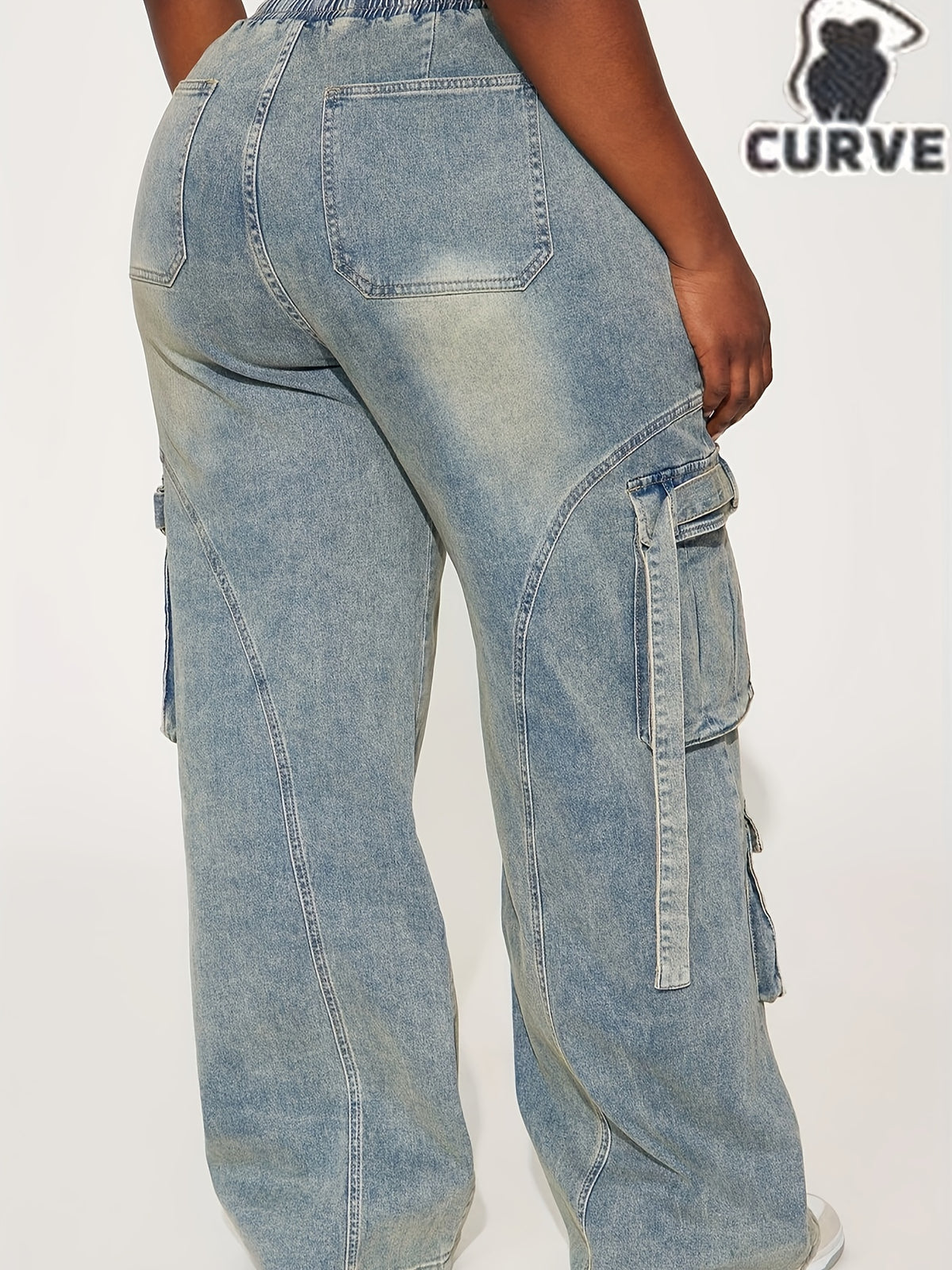 Women's Plus Size Washed Denim Elastic Waist Stretch Cargo Pants - Medium Blue