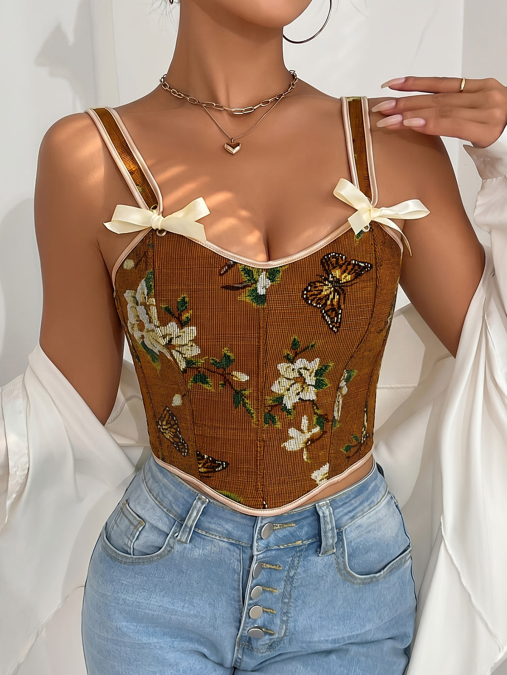 French-Style Court Bow Tie Lace-Up Floral Print Vintage Oil Painting Bodice Ball Gown Women's Camisole Printed Slim Fit Vest Corset Top for Outerwear - Light Brown-1