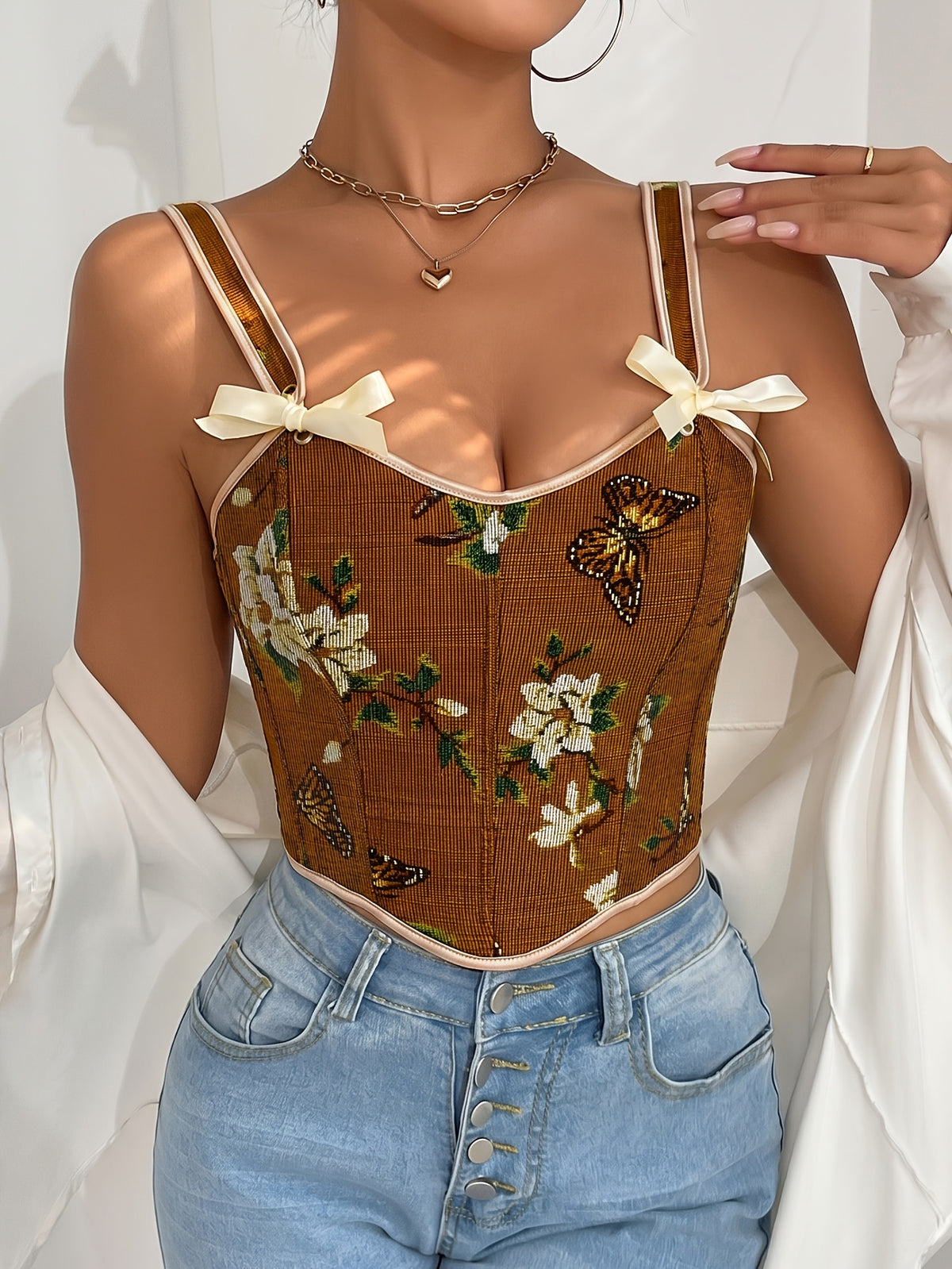 French-Style Court Bow Tie Lace-Up Floral Print Vintage Oil Painting Bodice Ball Gown Women's Camisole Printed Slim Fit Vest Corset Top for Outerwear - Light Brown-1