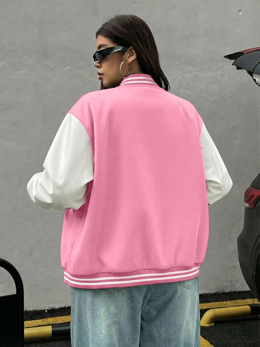 Women'S Black And White Contrast Baseball Jacket, A Letter Pattern Printed Jacket - Pink And White