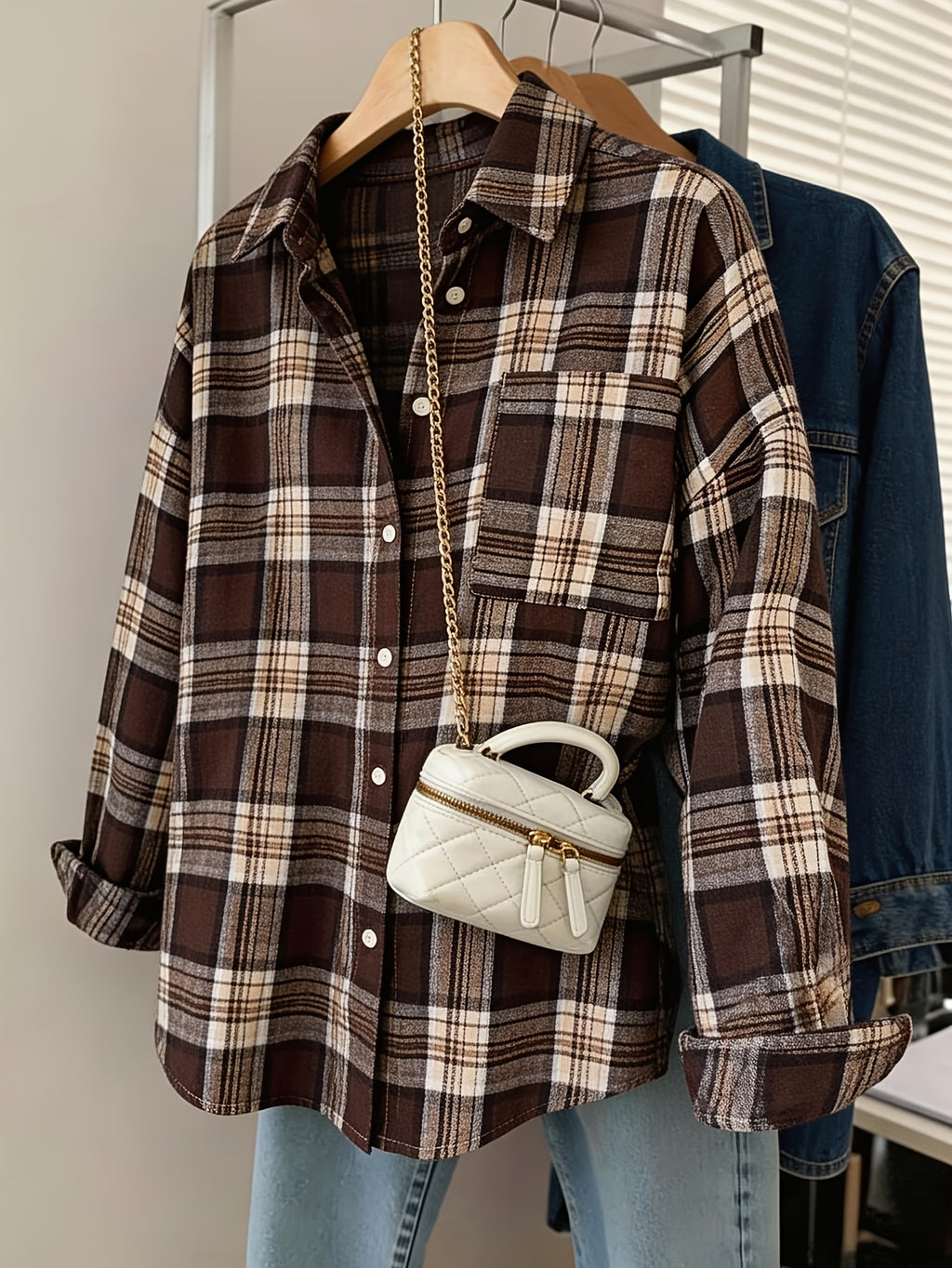 Women'S Spring Summer New Checkered Printed Lapel Long Sleeve Loose Casual Fashion Shirt - 【Brown】