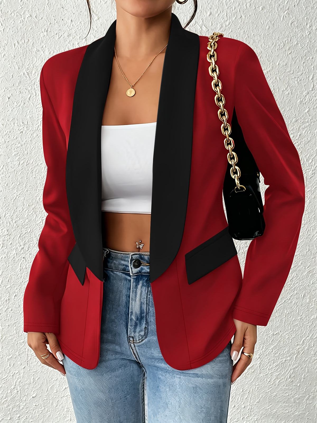 Women's Color-Block Shawl Collar Faux Pocket Long Sleeve Cardigan, Fashionable, Elegant, Casual, and Business-Style Blazer - Red