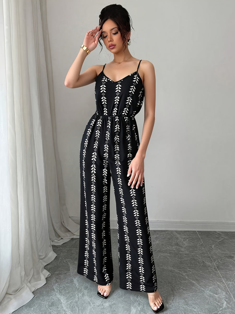 Women'S All-Over Print Loose Casual Wide-Leg Jumpsuit - Black