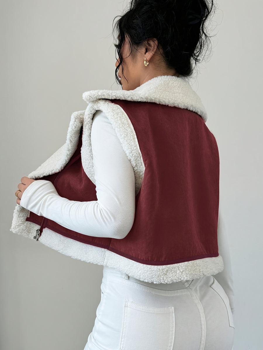 Women's Short Faux Lamb Sleeveless Vest Coat - Burgundy