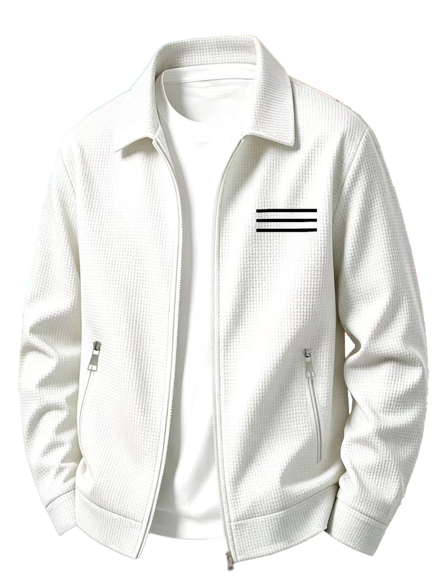 Waffle Knit Jacket, Double Pocket Design, Zip-up Jacket, Sporty Casual Style - White