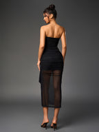 Black Midi Dress with a Strapless, Backless Design Featuring Mesh, Off-Shoulder Ruffles, And Ruched Details, Perfect for Parties And Clubs - Black