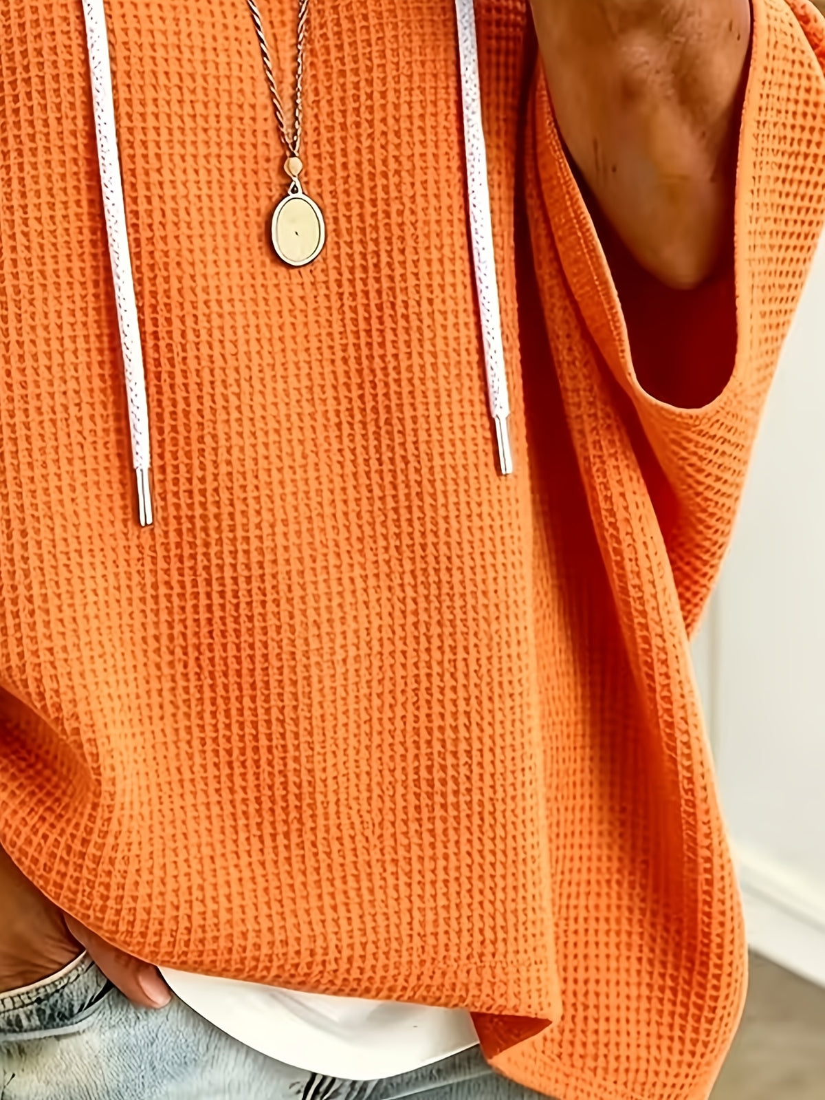 Women's Elegant Casual Solid Color Loose Fit Hooded Fashion Waffle Sweatshirt Top - Orange-Red