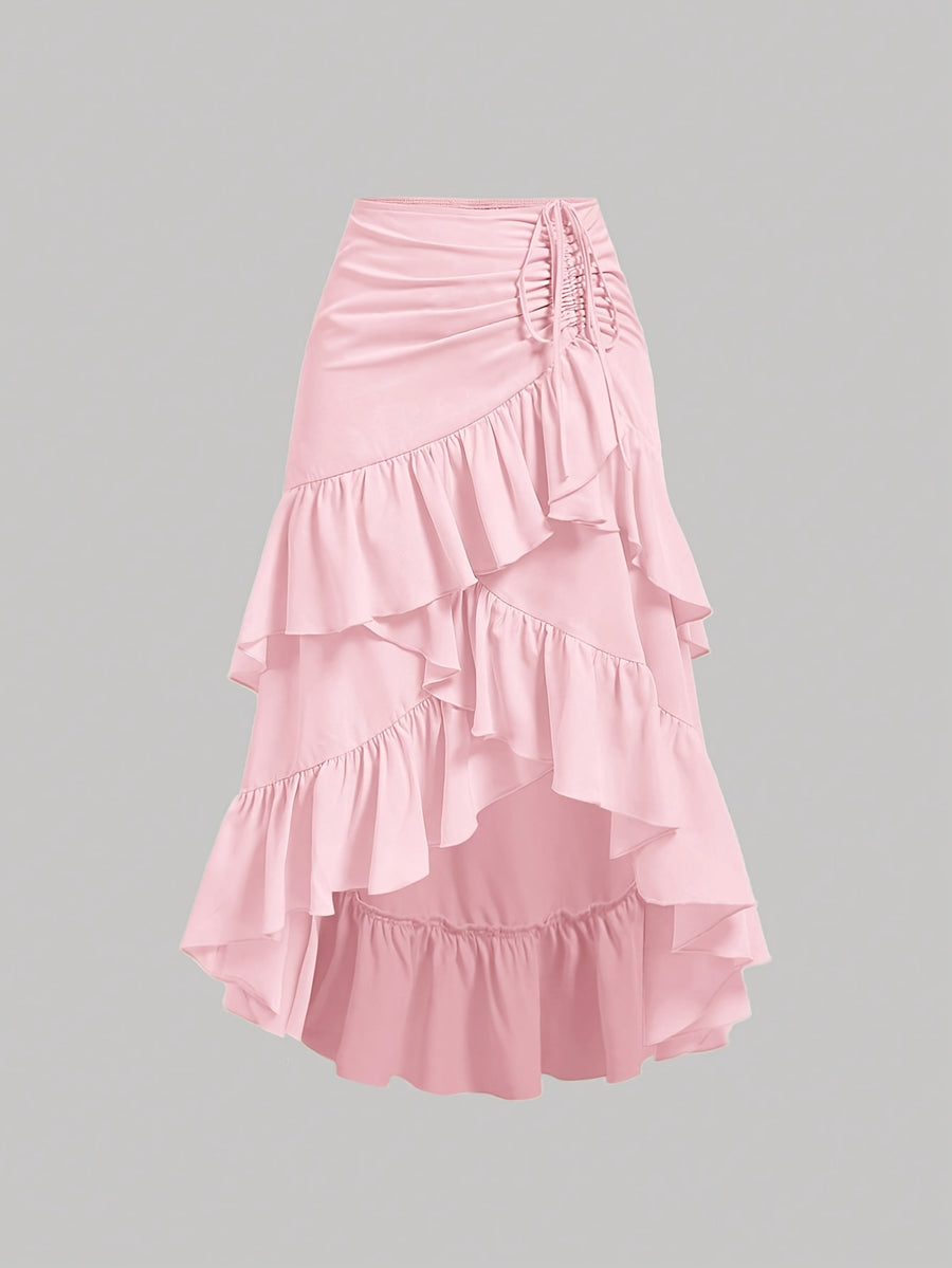 New Fashion Asymmetrical Pleated Hem Design Multi-layered Women's Skirt - Pink Color