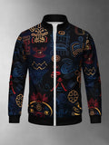 Men'S Novelty Fashion Sports Jacket, Black Golden Indigenous Face Print, Stand-Up Collar Zipper Autumn Winter Style Casual Outing Leisure Commute Versatile Trendy Open Front Coat - Mixed colors