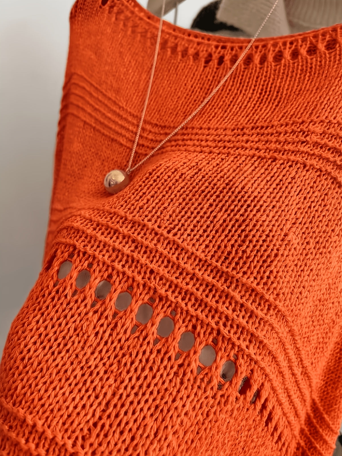 Women'S Hollow-Out Poncho Top, Boat Neck Irregular Hem Summer Beach Cover-Up, Seaside Bohemian Vacation Style Casual Top, Lightweight Breathable Loose Sweater, Mesh Detail Striped Design, Relaxed Layering Style, Suitable for Holiday, Daily Wear - Coral