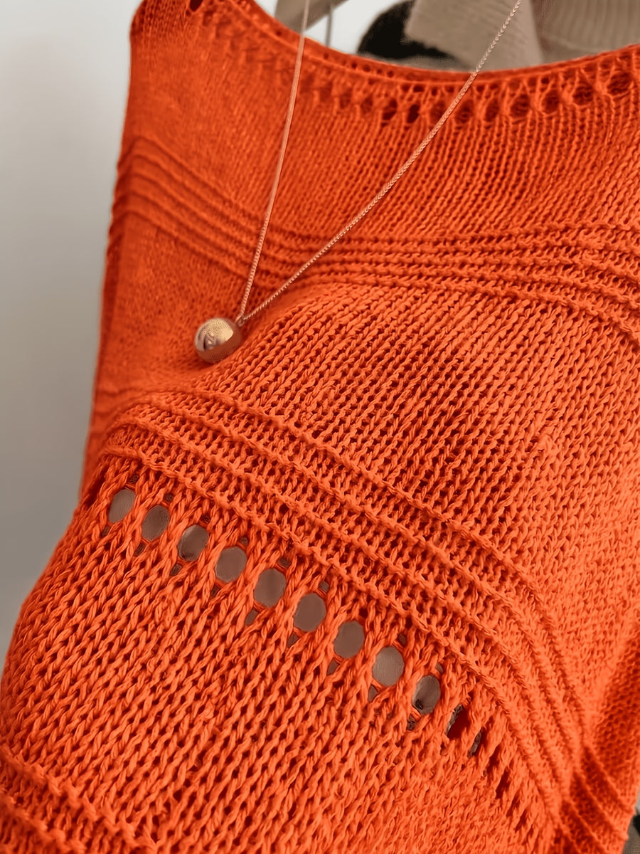 Women'S Hollow-Out Poncho Top, Boat Neck Irregular Hem Summer Beach Cover-Up, Seaside Bohemian Vacation Style Casual Top, Lightweight Breathable Loose Sweater, Mesh Detail Striped Design, Relaxed Layering Style, Suitable for Holiday, Daily Wear - Coral