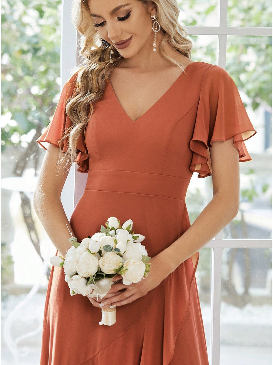 ZD1031002 Elegant V-Neck Flounce Sleeve Asymmetrical Slit Maxi Dress with Waist-Defining Drape, Bridesmaid Wedding Dress Evening Gown - Brick Red