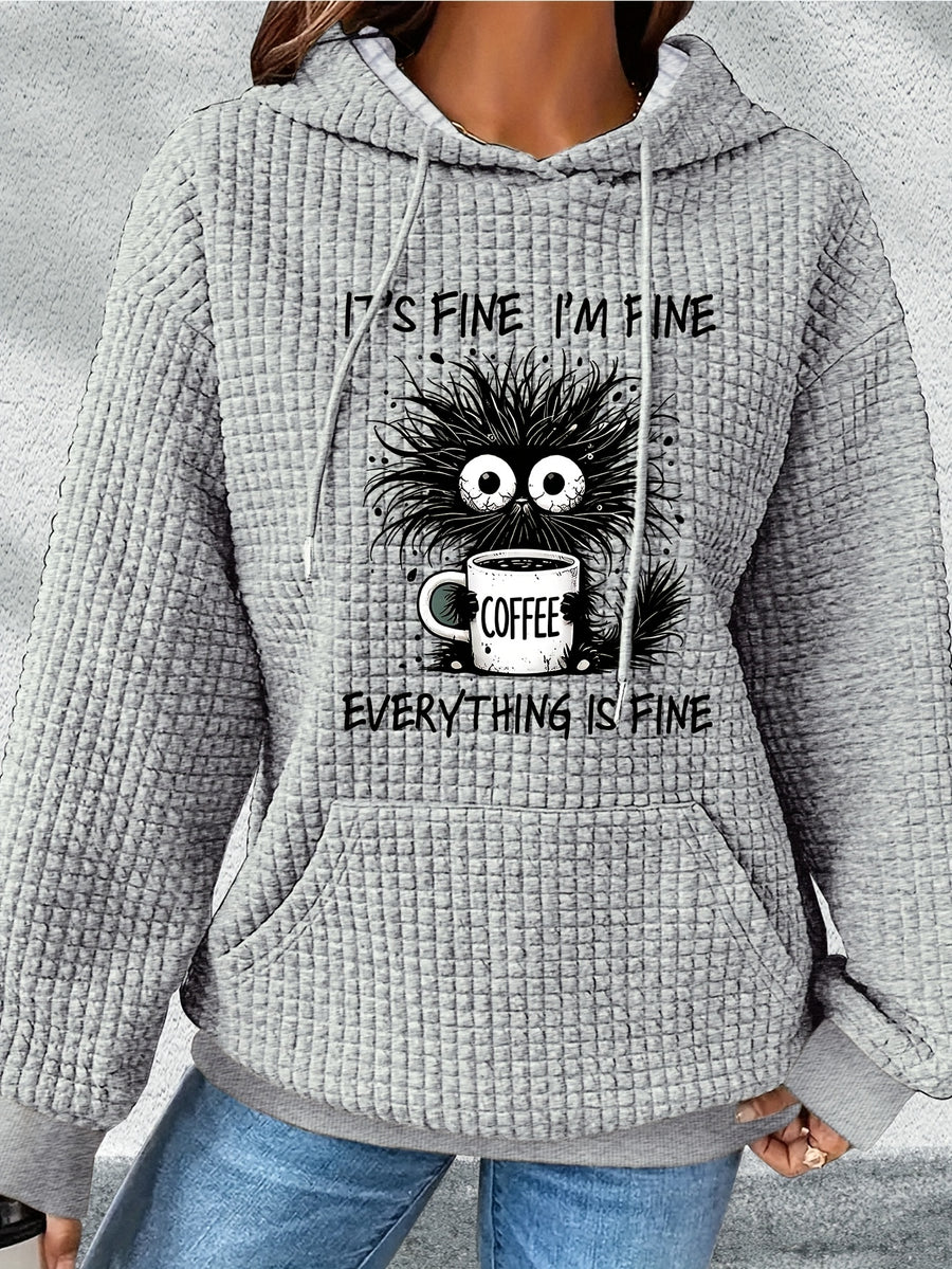 Women'S Black Hoodie with "It'S Fine I'm Fine Everything is Fine" Cartoon Cat & Coffee Design - Cozy Long Sleeve Pullover for Fall/Winter, Casual Everyday Hoodie, Casual Wear Hoodie | Playful Graphic Hoodie | Construction, Cat Hoodie - Light Gray