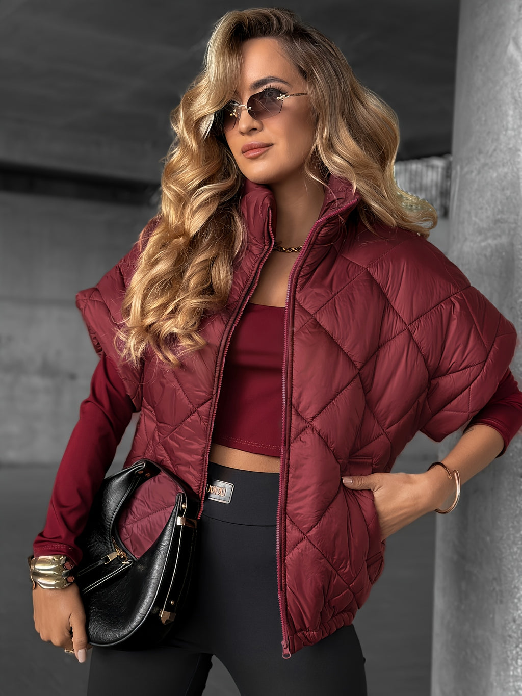 Women'S Sleeveless Short Jacket - Full Zipper Front Closure, with Pockets, Structured Fitted Coffee-Colored Coat, Suitable for Casual And Formal Occasions - Coffee-Colored Jacket for Daily Or Formal Wear - Machine Washable Layered Clothing - Fashion - Burgundy