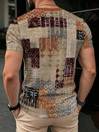 [Print Design - Non-Textured] New Men'S Retro Ethnic Style V-Neck Short Sleeve T-Shirt, Geometric Patchwork Contrast Color Casual Top, Apricot Base with Burgundy-Brown Tones And Individual Prints, All-Match Daily Commute Style - Mixed colors