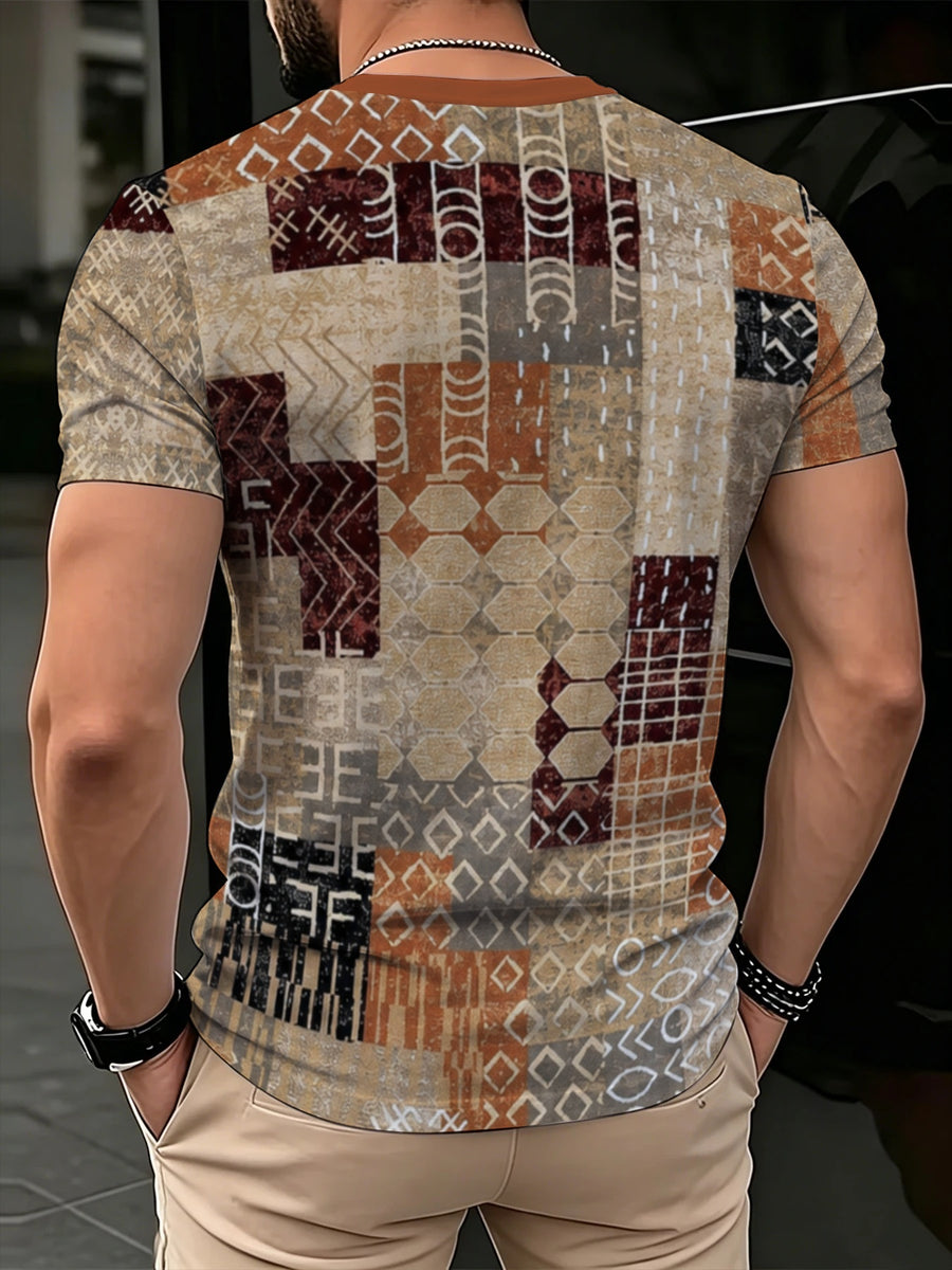 [Print Design - Non-Textured] New Men'S Retro Ethnic Style V-Neck Short Sleeve T-Shirt, Geometric Patchwork Contrast Color Casual Top, Apricot Base with Burgundy-Brown Tones And Individual Prints, All-Match Daily Commute Style - Mixed colors