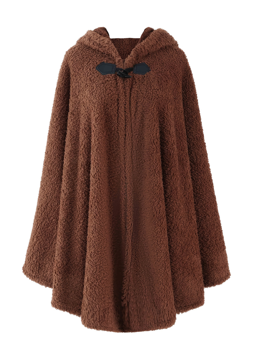 Plus Size - 1pc Faux Horn Button Size Free Solid Color Fashion Hooded Cape - Dark Brown