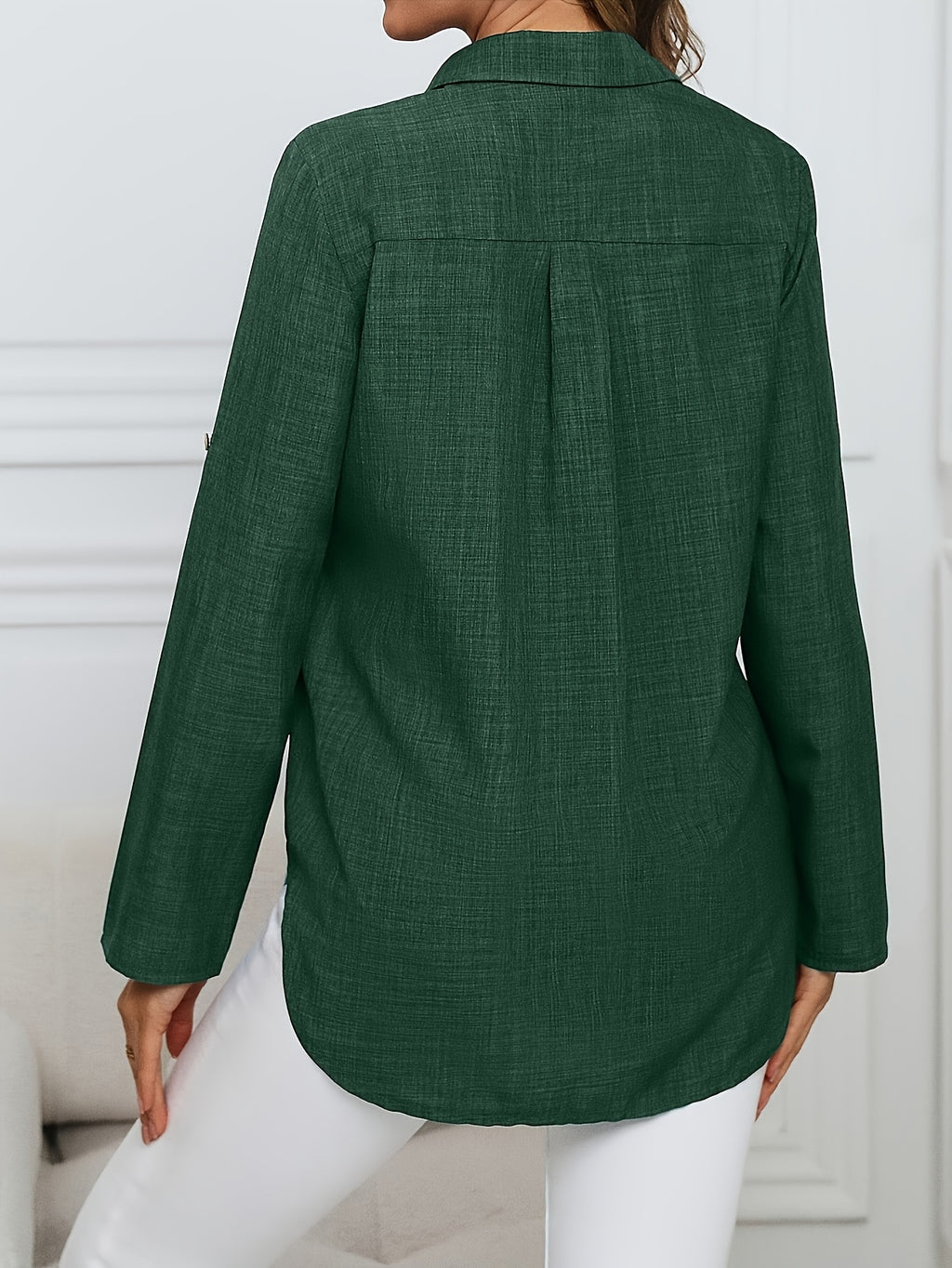 Women'S Casual Button-Up Collar Shirt - Solid Color Loose Fit Top, Women'S Blouse, Machine Washable Non-Sheer, Suitable for Spring And Autumn Wear, for Casual And Professional Attire, Fall Outfit, Classic Shirt, Quality Stitching, Office Women - Olive Green