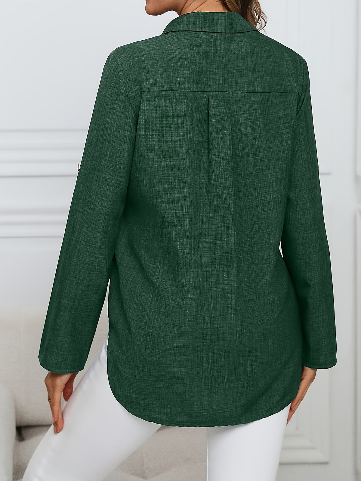 Women'S Casual Button-Up Collar Shirt - Solid Color Loose Fit Top, Women'S Blouse, Machine Washable Non-Sheer, Suitable for Spring And Autumn Wear, for Casual And Professional Attire, Fall Outfit, Classic Shirt, Quality Stitching, Office Women - Olive Green