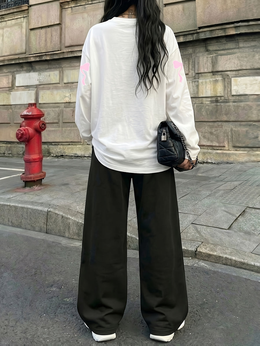 Vintage Trend Soft Pink Distressed 23 Number Bow Princess Print 2pcs Set for Women, Casual Streetwear Long Sleeve and Long Pants Outfit, Suitable for Street Style Hot, American Jersey Sporty Street Fashion - White+black