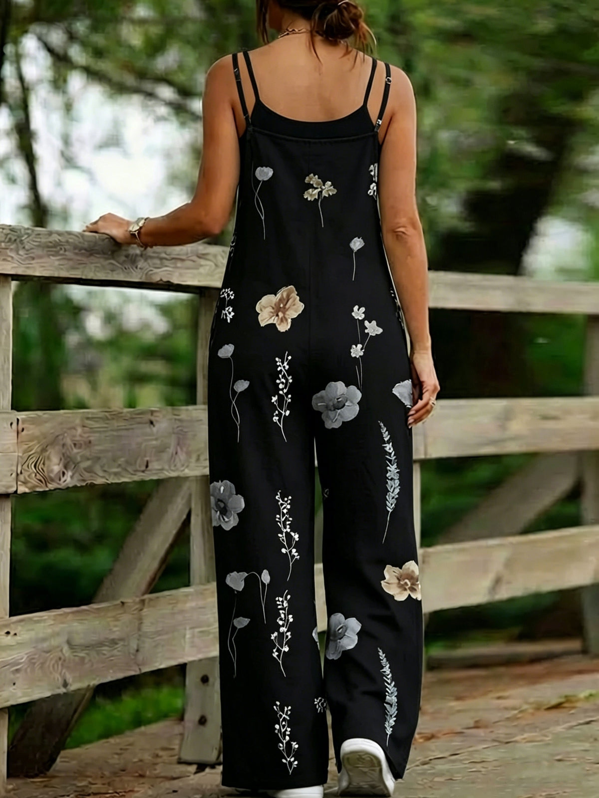 Ink Wash Floral Summer Loose Fit Wide-Leg Long Pants, Artistic Casual Versatile Women's Jumpsuit E0213 - Black