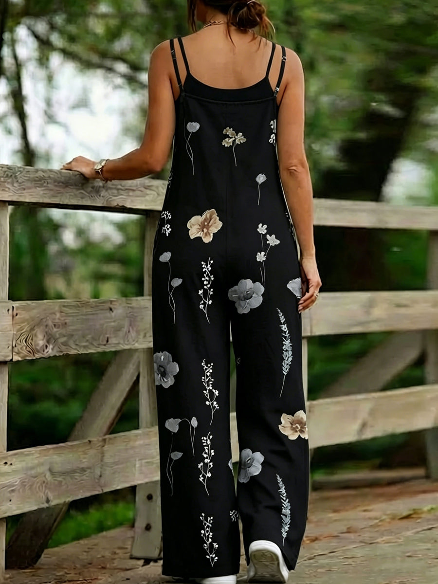 Ink Wash Floral Summer Loose Fit Wide-Leg Long Pants, Artistic Casual Versatile Women's Jumpsuit E0213 - Black