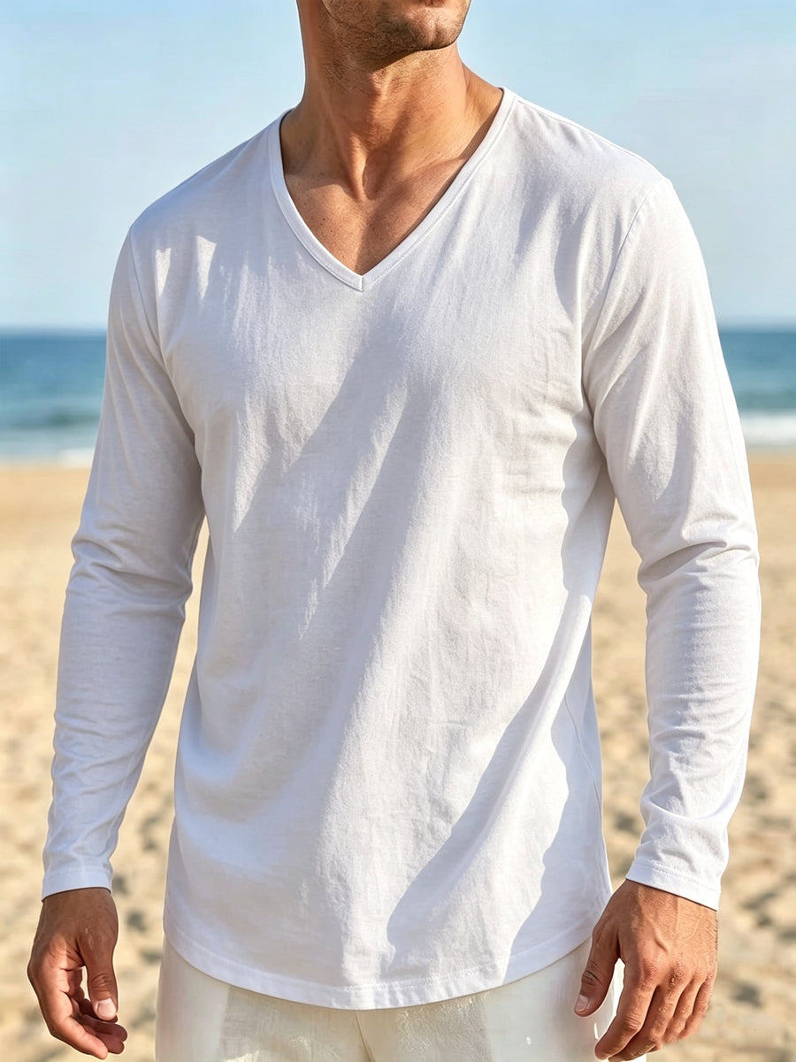 Seaside Vacation Summer Men's V-Neck Long Sleeve Linen Solid Color Casual Long Sleeve T-Shirt - White
