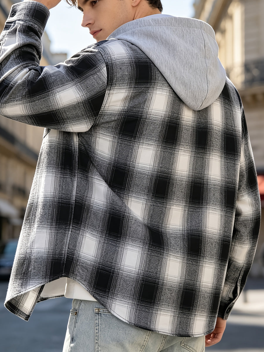 Men'S Hooded Plaid Shirt Jacket, Classic Color-Block Checkered Design, Layered And Practical, Loose Drop Shoulder Fit, Easy And Elegant Chest Pocket Detail, Suitable for Spring/Autumn Daily Commute, Casual Outings, And Dates - Black
