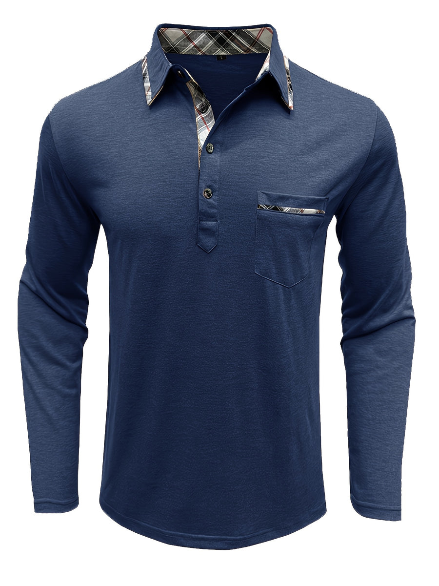 Spring and Autumn Fashion Men's Lapel Pocket Polo Shirt, Solid Color Casual Commuter Pocket Top - Navy Color