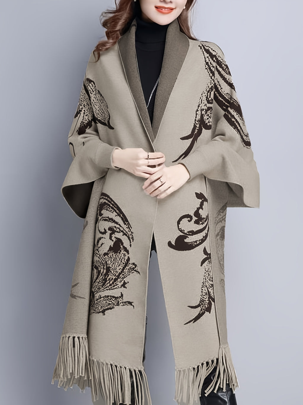 Pure Body Bust" Elegant Special Edition - 1pc Autumn/Winter New Arrival Women's Cardigan, Chinese Style Jacquard Color-Block Thickened Warm Windproof Batwing Sleeve Open Front Knitwear, Women's Elegant, Fashionable, and Versatile Fringe Shawl Sweater - Beige Gray