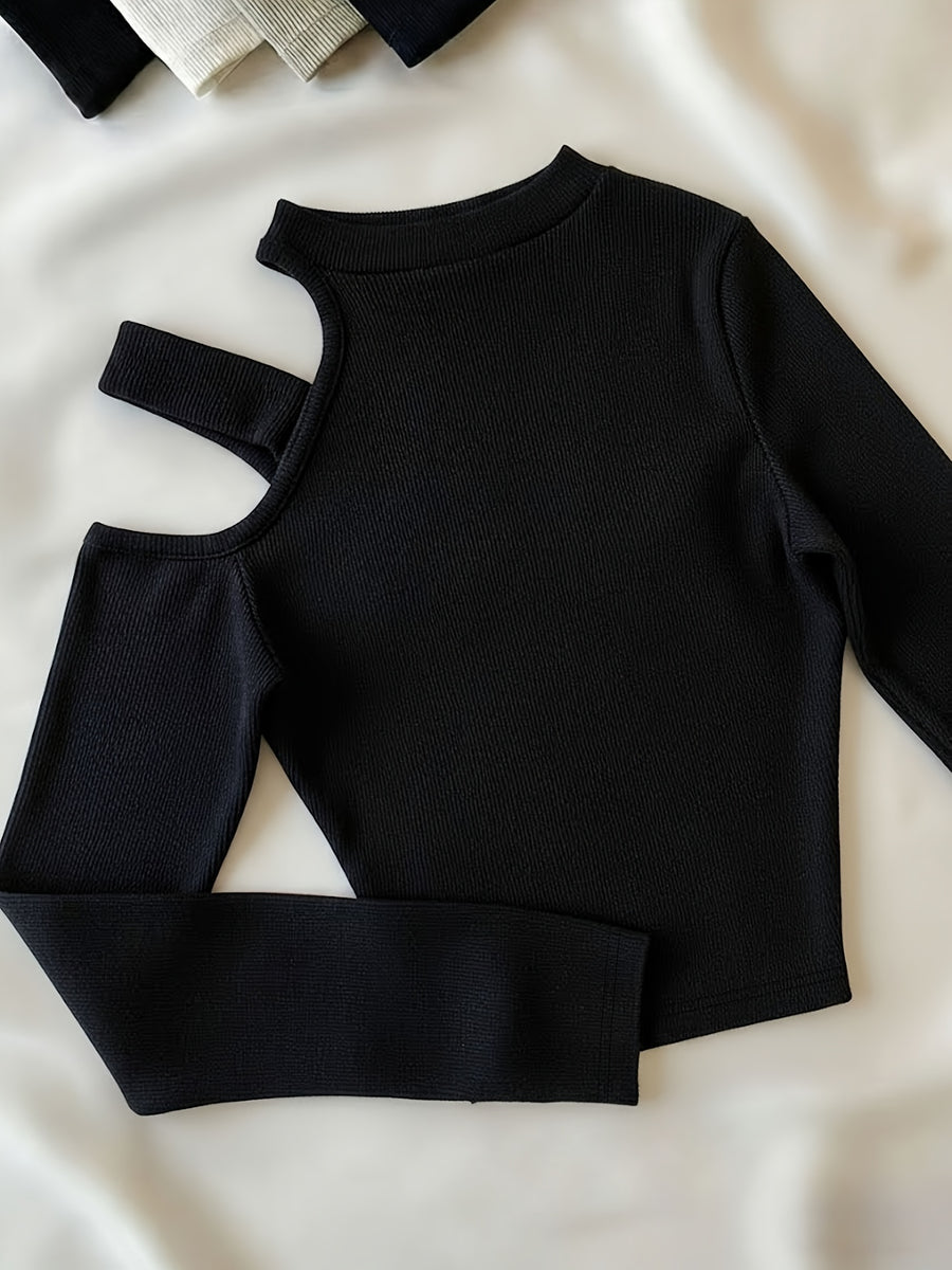 Women'S Spring Autumn High Neck Off-Shoulder Top with Embroidered Letters on Shoulder Straps, Fitted Short Blouse T-Shirt - Black